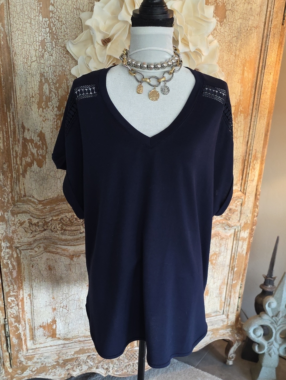 Cupio Navy V-Neck Short Sleeve Top with Lace Shoulder Detail